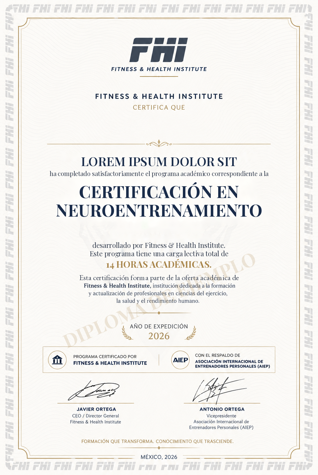Ejemplo de diploma de la Certificación en Neuroentrenamiento de FHI